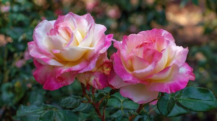 Two stunning pink and yellow roses flourish in a vibrant garden, showcasing their delicate petals under the gentle sunlight in full bloom during spring.