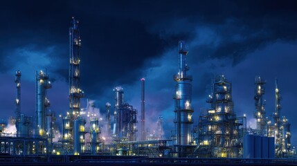 Fototapeta premium Nighttime View of Industrial Complex with Towers, Lights, and Smokestacks under Dramatic Sky