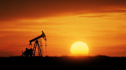 Silhouette of Oil Pump Jack Against Vibrant Sunset in an Oil Field Landscape