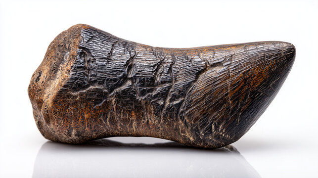 Fossilized dinosaur tooth isolated on white background ancient paleontology specimen for science study 100m years old