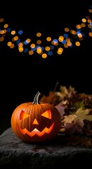Spooky Halloween Jack-o'-lantern with glowing face, autumn leaves, and bokeh lights; dark, moody, festive.