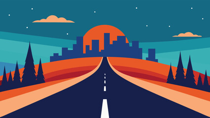 Road leading to a futuristic city at sunset with stylized trees