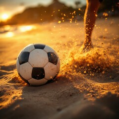 Fototapeta premium Silhouetted sunset beach soccer concept. A soccer ball splashes through sand at sunset, capturing a moment of joy and playfulness.