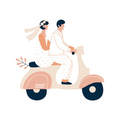 Happy wedding couple. Man in suit and woman with bouquet on scooter. Romance and love. Bride and groom at marriage ceremony. Husband and wife. Flat vector illustration isolated on white background