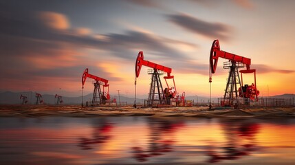 Fototapeta premium Dynamic Sunset Over Oil Pumps Reflecting in Water, Capturing Industrial Energy and Serenity in Nature