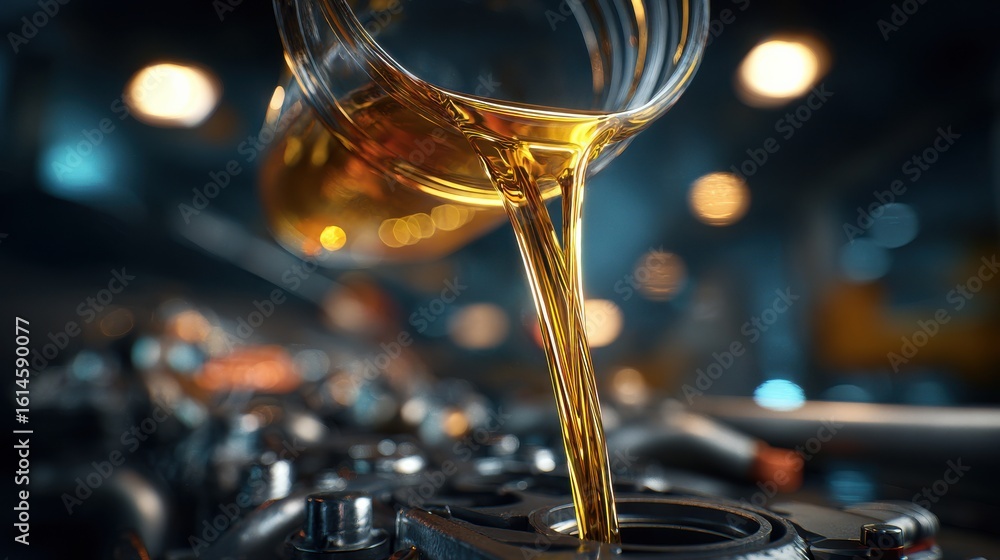 Poster close-up of engine oil being poured into motor component in industrial setting with blurred bokeh ba
