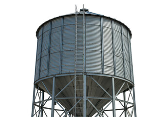 A tall, cylindrical metal grain silo with a ladder, isolated on a transparent background, used for agricultural storage