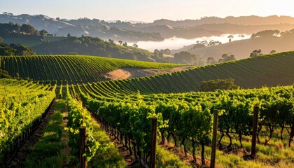 Fototapeta premium Green vineyard landscapes in the Tuscan countryside, showcasing summer grapevines and rolling hills under a vast sky