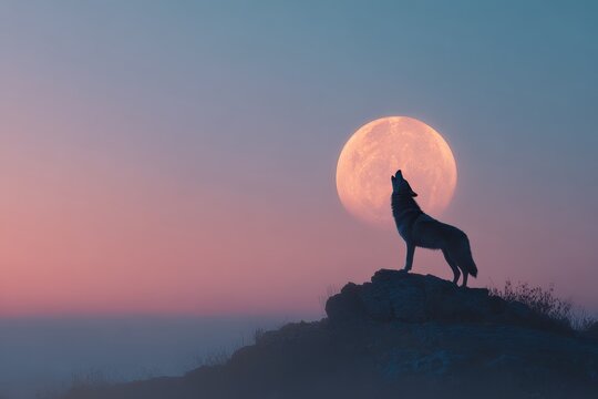 Majestic silhouette of a wolf howling at a full moon in a serene wildlife landscape during twilight hours