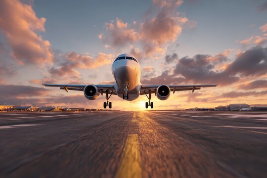 Commercial airplane positioned on the runway against a dramatic sunset sky showcasing vibrant colors and clouds at a busy airport
