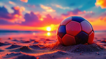 Fototapeta premium Silhouetted sunset beach soccer concept. A colorful soccer ball resting on sandy beach with a vibrant sunset in the background.