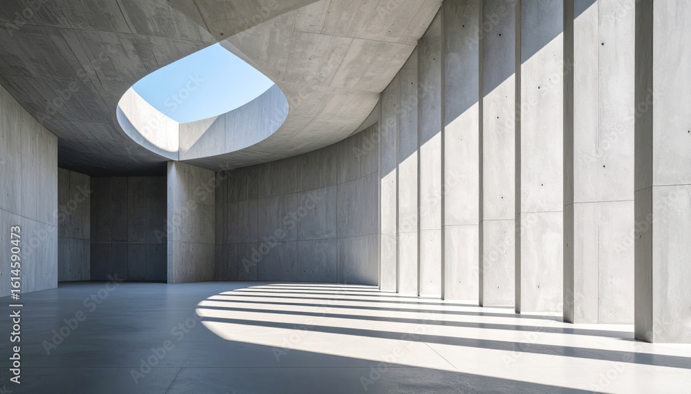 Poster urban architecture features a long concrete corridor with classical columns, creating a modern persp