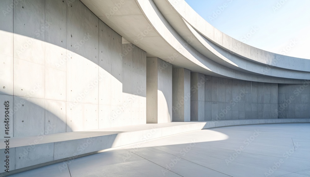 Poster urban architecture features a long concrete corridor with classical columns, creating a modern persp