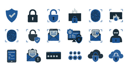 Advanced Cybersecurity & Digital Protection Icons: Threats & Safeguards