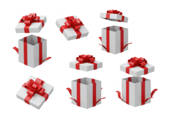 A collection of white gift boxes with red ribbons are scattered and arranged isolated on transparent background