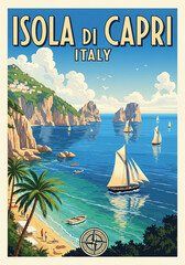 summer vacation vintage poster of Isola di Capri, Italy with sailing ships and sea.