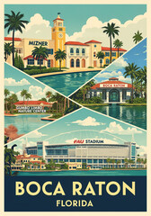 vintage travel poster illustration of Boca Raton city, Florida,