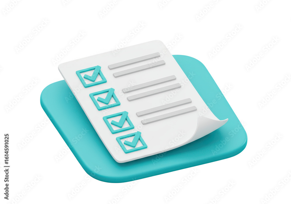 Poster a white checklist with green checkmarks on a blue rounded surface, indicating completed tasks and su