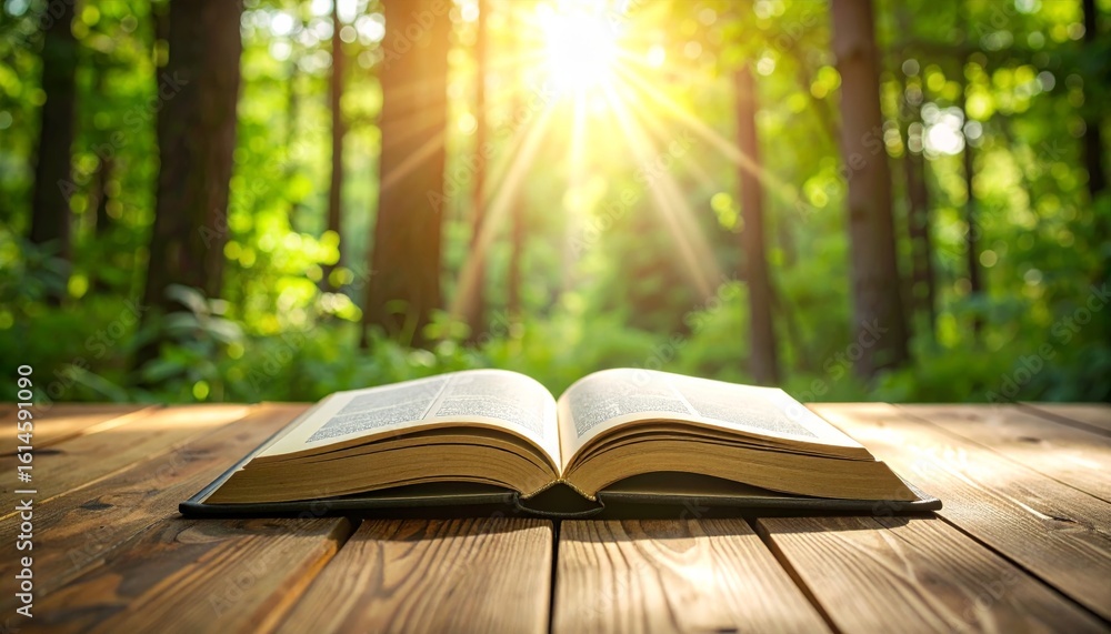 Poster an ancient, open book rests on a tree branch, symbolizing the magic of learning and the wisdom found