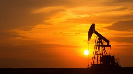 Silhouetted Oil Pump Jack Against a Vibrant Sunset Sky with Warm Hues Emphasizing Industrial Energy Production