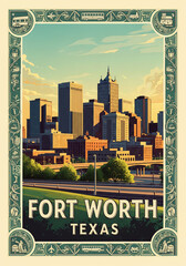 vintage travel poster of Fort Worth, Texas, USA with city view, skyscrapers and roads