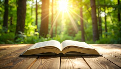 An ancient, open book rests on a tree branch, symbolizing the magic of learning and the wisdom found in nature's library