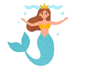 Cartoon mermaid with crown, happy and playful