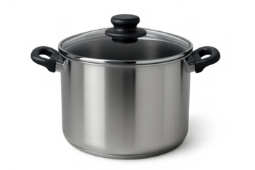Stainless steel cooking pot with glass lid on transparent background