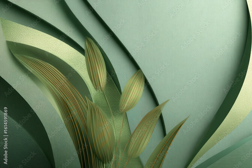 Poster curved lines in organic botanicals create an abstract yet harmonious design enriched with soft green