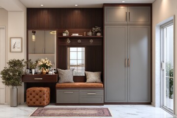 Warmly lit foyer features custom built-ins with seating, storage, and decor elements