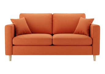 A modern orange fabric sofa with two pillows, isolated on a transparent background