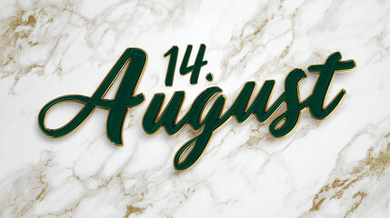 A green and gold fourteenth august text on a white marble background for independence day celebration
