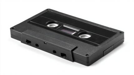 Fototapeta premium This classic audio cassette from the 1980s features a black exterior and showcases the design that was popular for storing music during that era. A perfect representation of vintage audio technology.