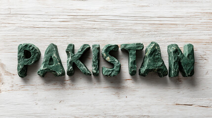 The word pakistan spelled out with green stone letters on a white wood background surface view