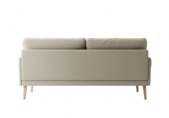A modern beige fabric sofa with two cushions, viewed from the back, isolated on a transparent background