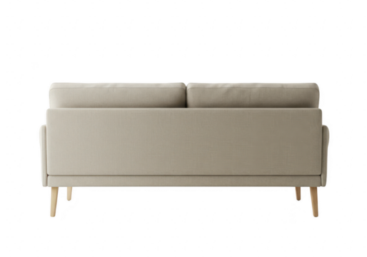 A modern beige fabric sofa with two cushions, viewed from the back, isolated on a transparent background