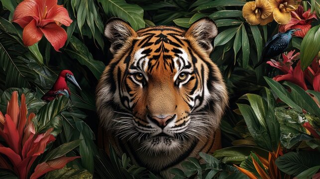 Majestic tiger peering from lush tropical foliage, vibrant flowers and birds surrounding