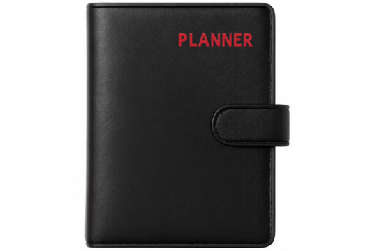 Black leather planner with red lettering on transparent background - Powered by Adobe