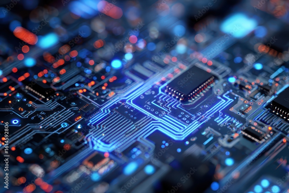 Poster exploring advanced technology concepts with a focus on a detailed electronic circuit board featuring