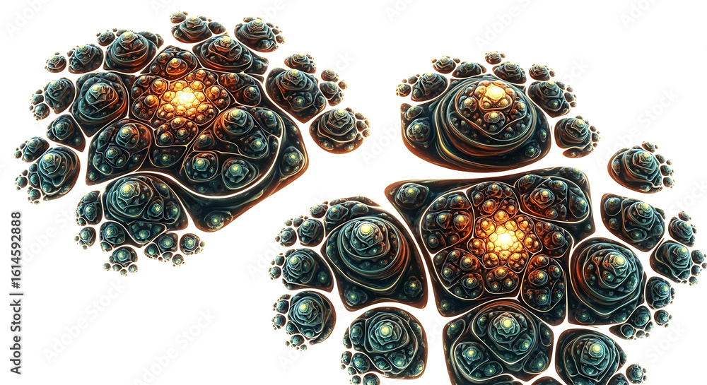 Poster a fractal design with repeating spherical shapes in shades of blue and orange on a white background 