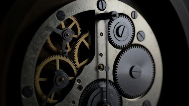 Close-up of intricate clockwork featuring gears, mechanical precision, and internal mechanism, revealing timepiece engineering and gear movement.
