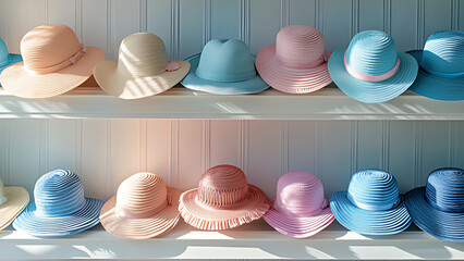 Close up of various summer hats and sun hats