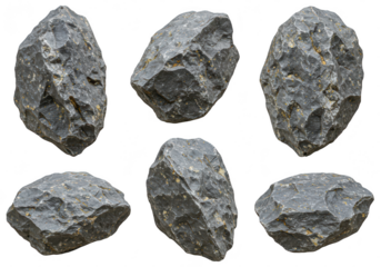 A collection of six rough grey rocks and stones with varied textures, isolated on a transparent background