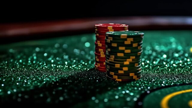Stacks of poker chips on a felt-covered table, soft focus background