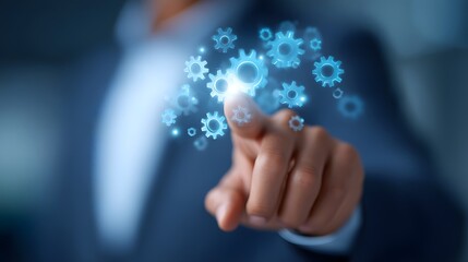 Businessman touching digital gears interface. Innovation, automation, technology, process management, and business solutions concept background.