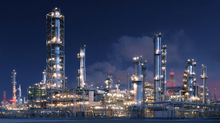 Obraz premium Industrial facility night with illuminated structures and pipes, showcasing modern engineering