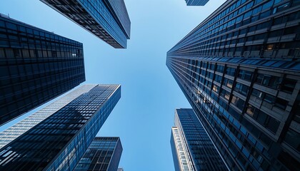 Fototapeta premium Worm's Eye View of Modern Glass Skyscrapers Reaching Towards a Clear Blue Sky, Symbolizing Urban Development, Corporate Architecture, and Business Growth in a Metropolis