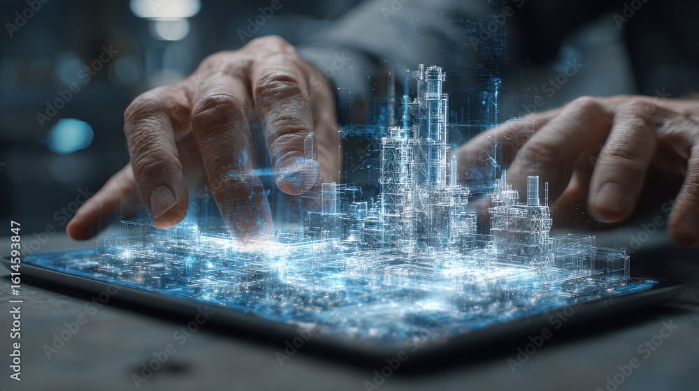 Aufkleber person interacts with digital interface displaying 3d model of futuristic cityscape