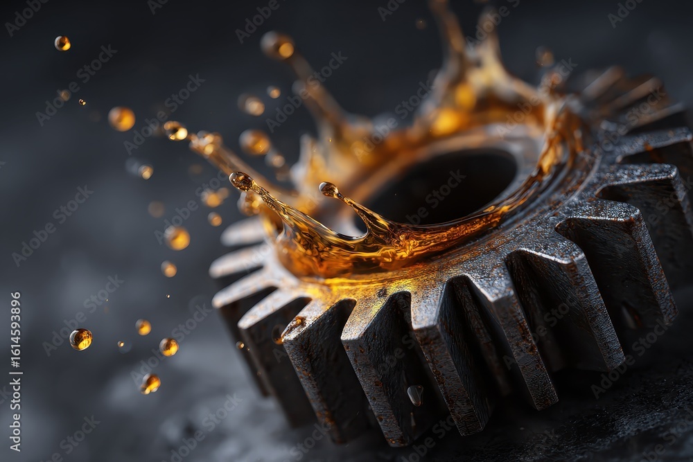 Aufkleber close up view of a metal gear with oil splashing on it in a workshop environment showcasing industri