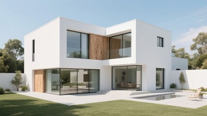 Modern Two-Story House with Large Glass Windows and Outdoor Pool